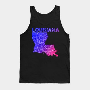 Colorful mandala art map of Louisiana with text in blue and violet Tank Top